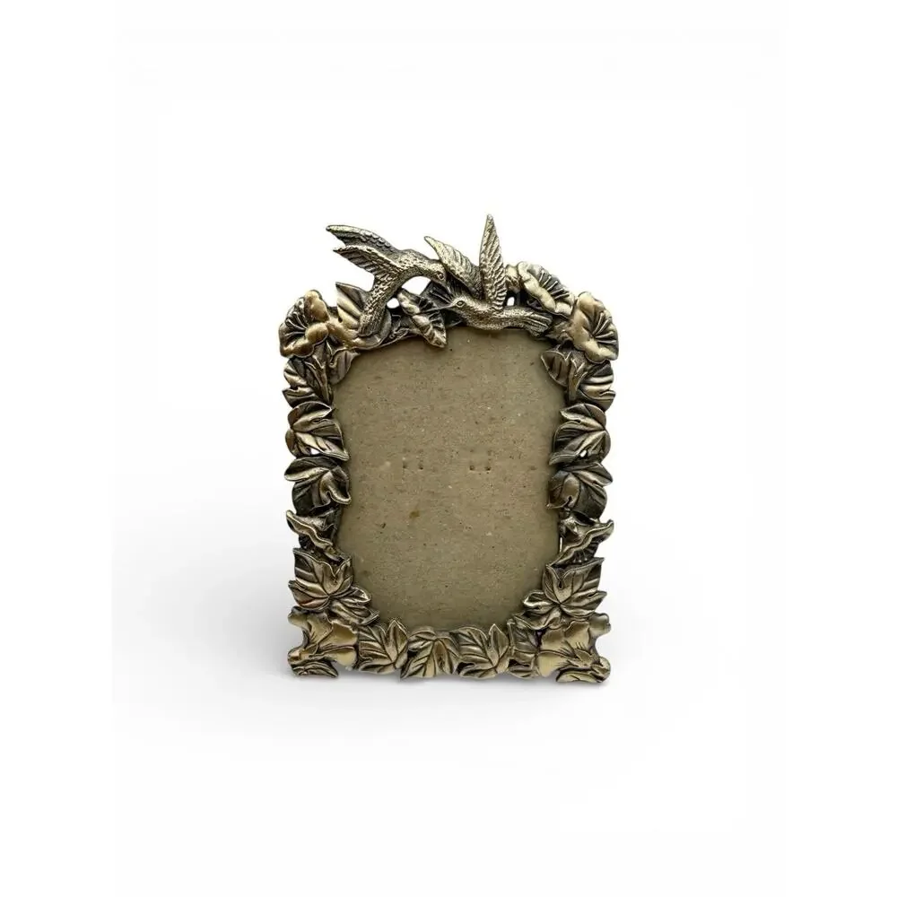 Vtg Pewter Small Picture Frame ~ 5”x3.5” Hummingbirds Floral Leaves EUC
